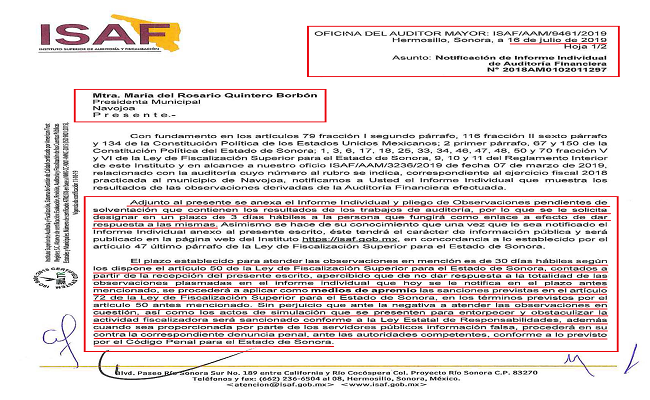 ISAF notificó observaciones en tiempo y en forma al Ayuntamiento de Navojoa | Periodismo de Investigación