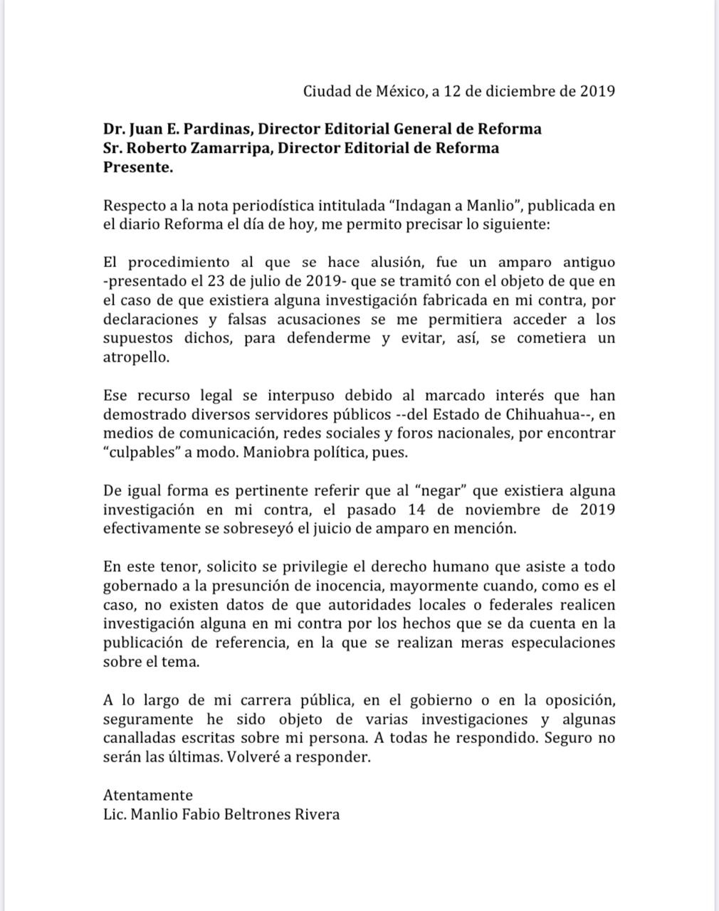 Responde Manlio Fabio Beltrones a Reforma respecto a nota intitulada «Indagan a Manlio»