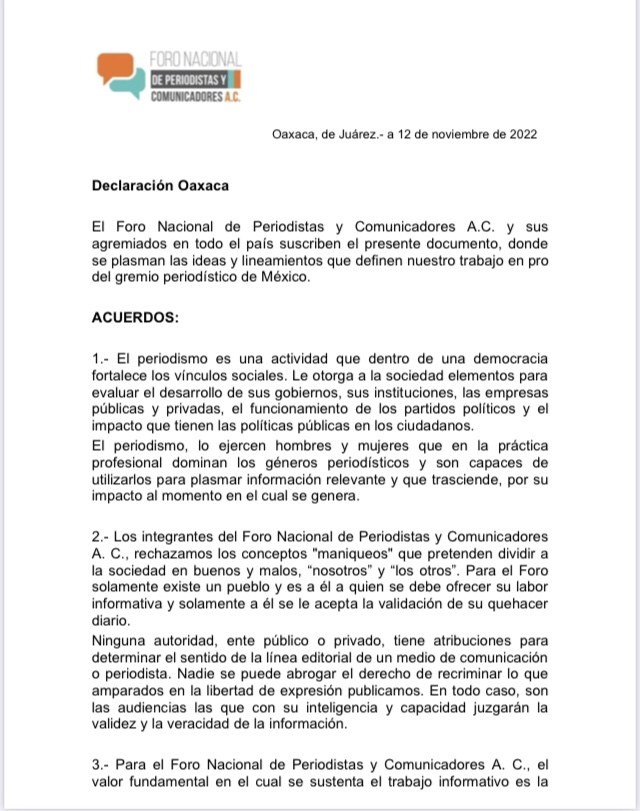 Declaración Oaxaca | Foro Nacional de Periodistas y Comunicadores A.C.