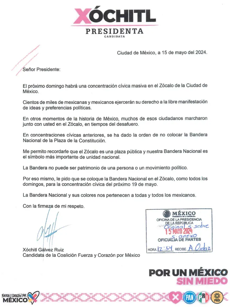 Esta es la carta que #XóchitlGálvez envió a AMLO para pedir que no quite la bandera del Zócalo durante la ‘Marea Rosa’ | Infobae